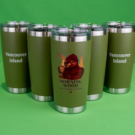 Army Green Morning Wood Coffee tumbler with 'Vancouver Island' text on the back