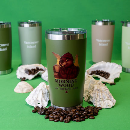 Army Green Morning Wood Coffee tumbler with 'Vancouver Island' text on the back