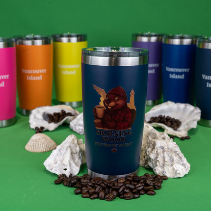 Dark Blue Morning Wood Coffee tumbler with 'Vancouver Island' text on the back