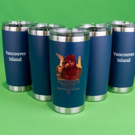 Dark Blue Morning Wood Coffee tumbler with 'Vancouver Island' text on the back