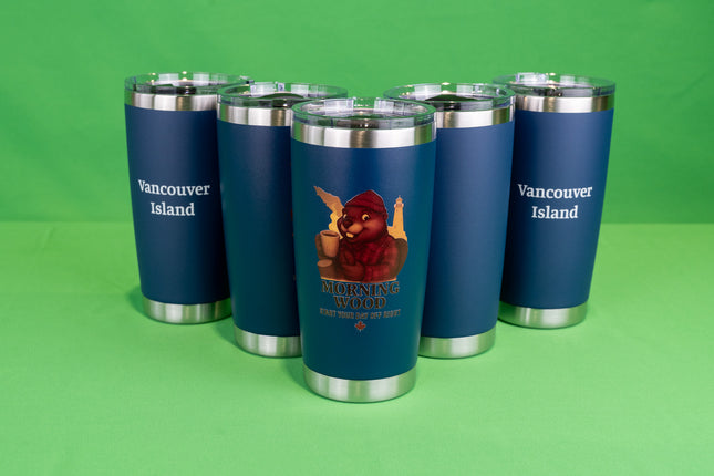 Dark Blue Morning Wood Coffee tumbler with 'Vancouver Island' text on the back