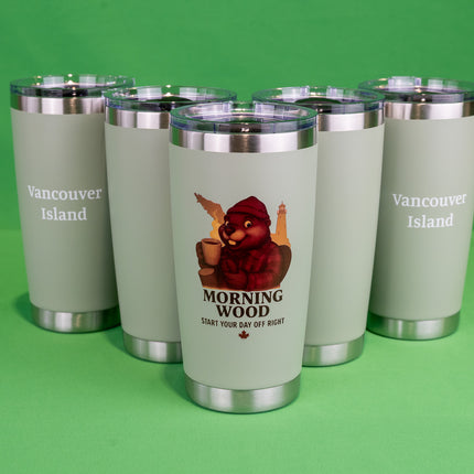 Grey Green Morning Wood Coffee tumbler with 'Vancouver Island' text on the back