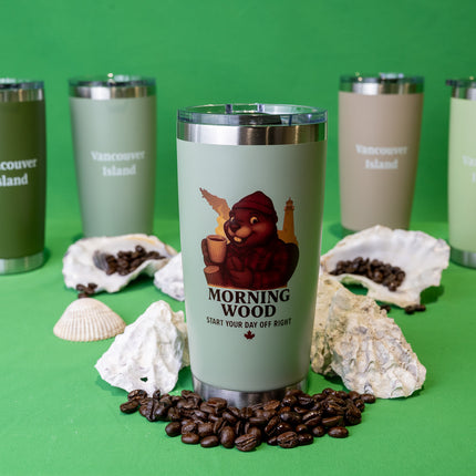 Grey Green Morning Wood Coffee tumbler with 'Vancouver Island' text on the back