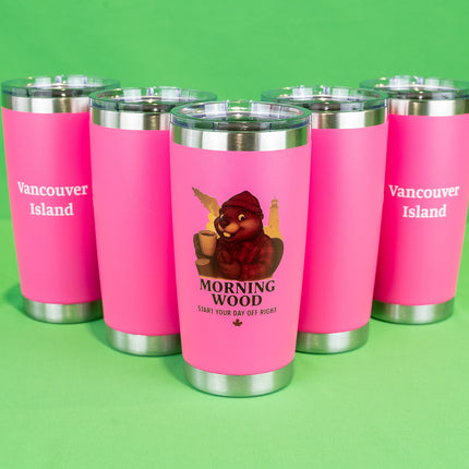 Hot Pink Morning Wood Coffee tumbler with 'Vancouver Island' text on the back