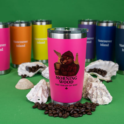 Hot Pink Morning Wood Coffee tumbler with 'Vancouver Island' text on the back