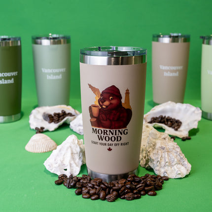 Light Coffee Morning Wood Coffee tumbler with 'Vancouver Island' text on the back