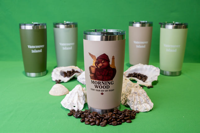 Light Coffee Morning Wood Coffee tumbler with 'Vancouver Island' text on the back