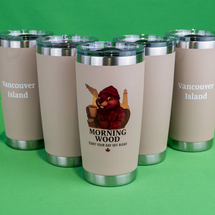 Light Coffee Morning Wood Coffee tumbler with 'Vancouver Island' text on the back