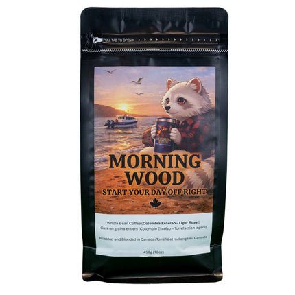 Coffee bag with a Raccoon graphic and text on a white background
