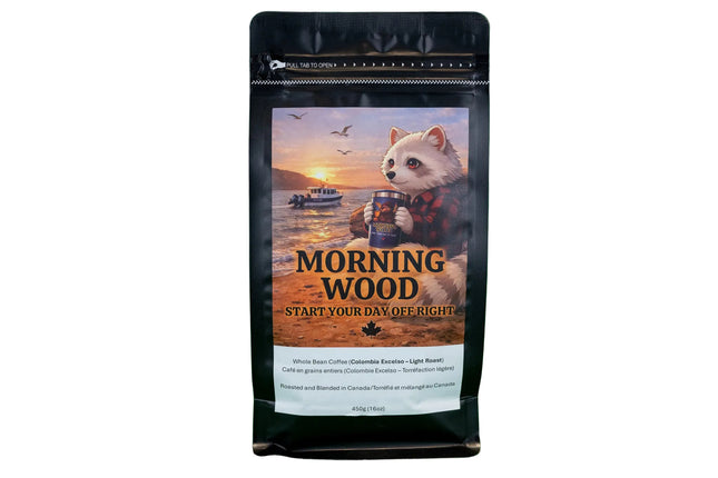 Coffee bag with a Raccoon graphic and text on a white background