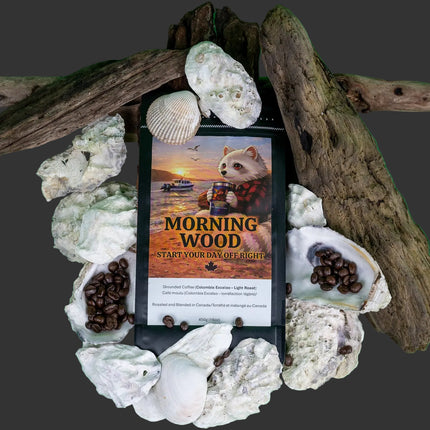 Morning Wood Coffee Light Roast ground bag sitting with seashells and driftwood