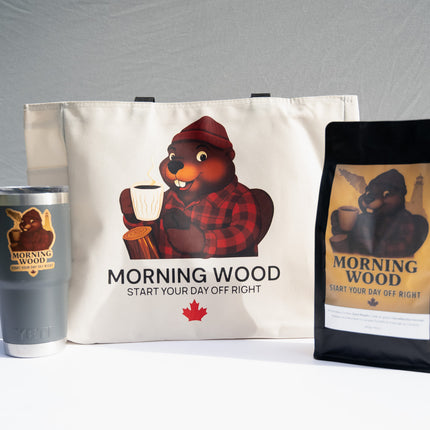 Tote bag, mug, and coffee package with beaver graphic and 'Morning Wood' text on a gray background