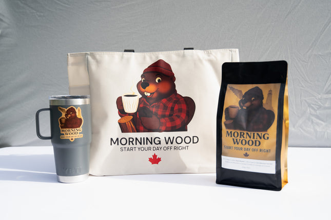 Tote bag, mug, and coffee package with beaver graphic and 'Morning Wood' text on a gray background
