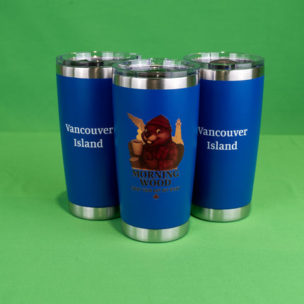 Navy Blue Morning Wood Coffee tumbler with 'Vancouver Island' text on the back