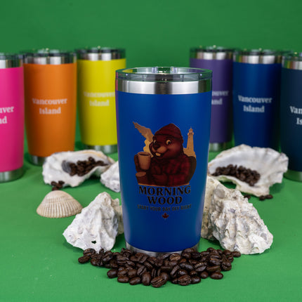 Navy Blue Morning Wood Coffee tumbler with 'Vancouver Island' text on the back