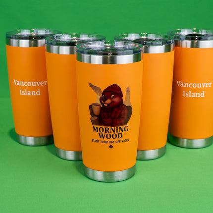 Orange Morning Wood Coffee tumbler with 'Vancouver Island' text on the back