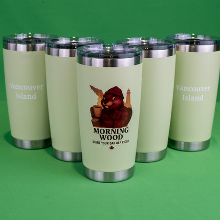 Pale Green Morning Wood Coffee tumbler with 'Vancouver Island' text on the back