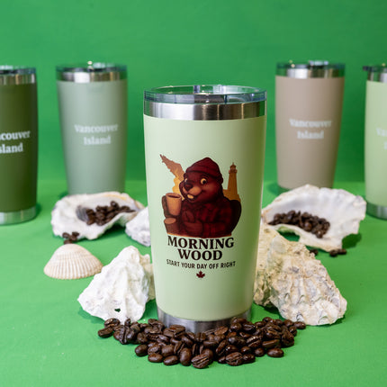 Pale Green Morning Wood Coffee tumbler with 'Vancouver Island' text on the back