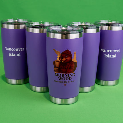 Purple Morning Wood Coffee tumbler with 'Vancouver Island' text on the back