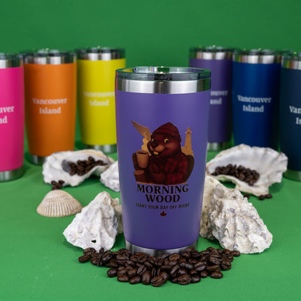 Purple Morning Wood Coffee tumbler with 'Vancouver Island' text on the back