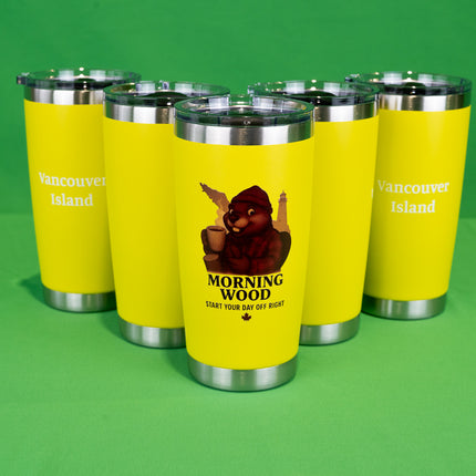 Yellow Morning Wood Coffee tumbler with 'Vancouver Island' text on the back