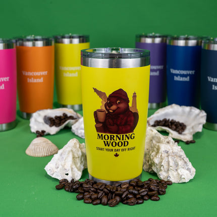 Yellow Morning Wood Coffee tumbler with 'Vancouver Island' text on the back